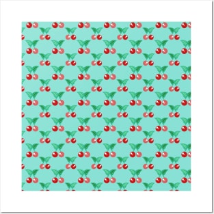 Cute Cherries Green Pattern Posters and Art